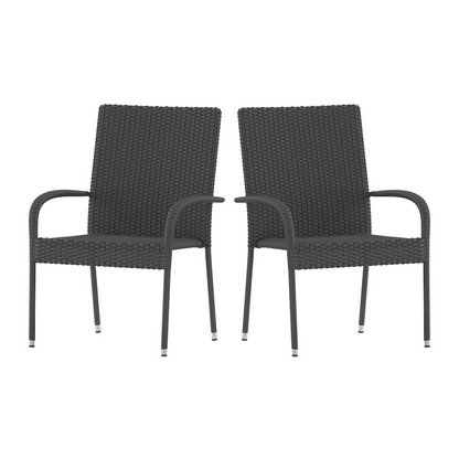 Set of two gray wicker dining chairs with armrests, weather-resistant steel frames, suitable for indoor and outdoor use.