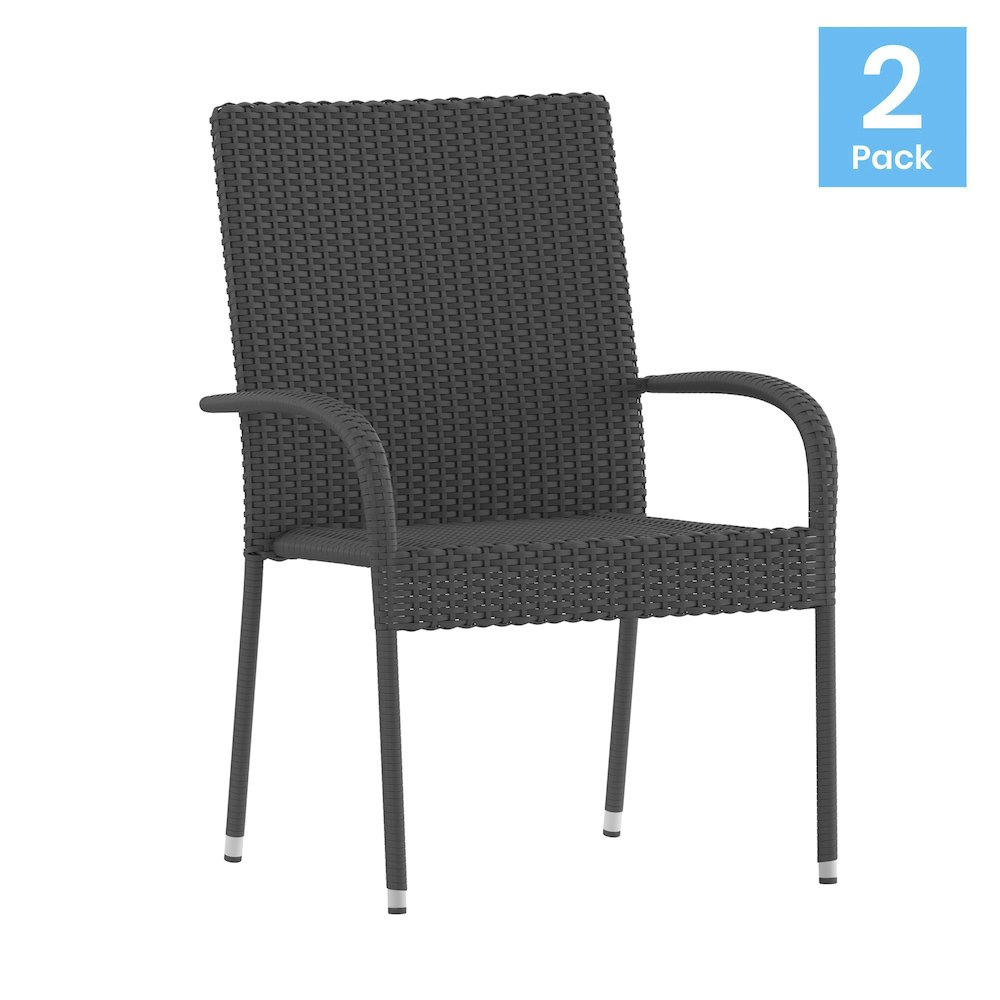 Stackable gray wicker indoor/outdoor dining chairs with arms and weather-resistant steel frames, designed for versatile outdoor use.