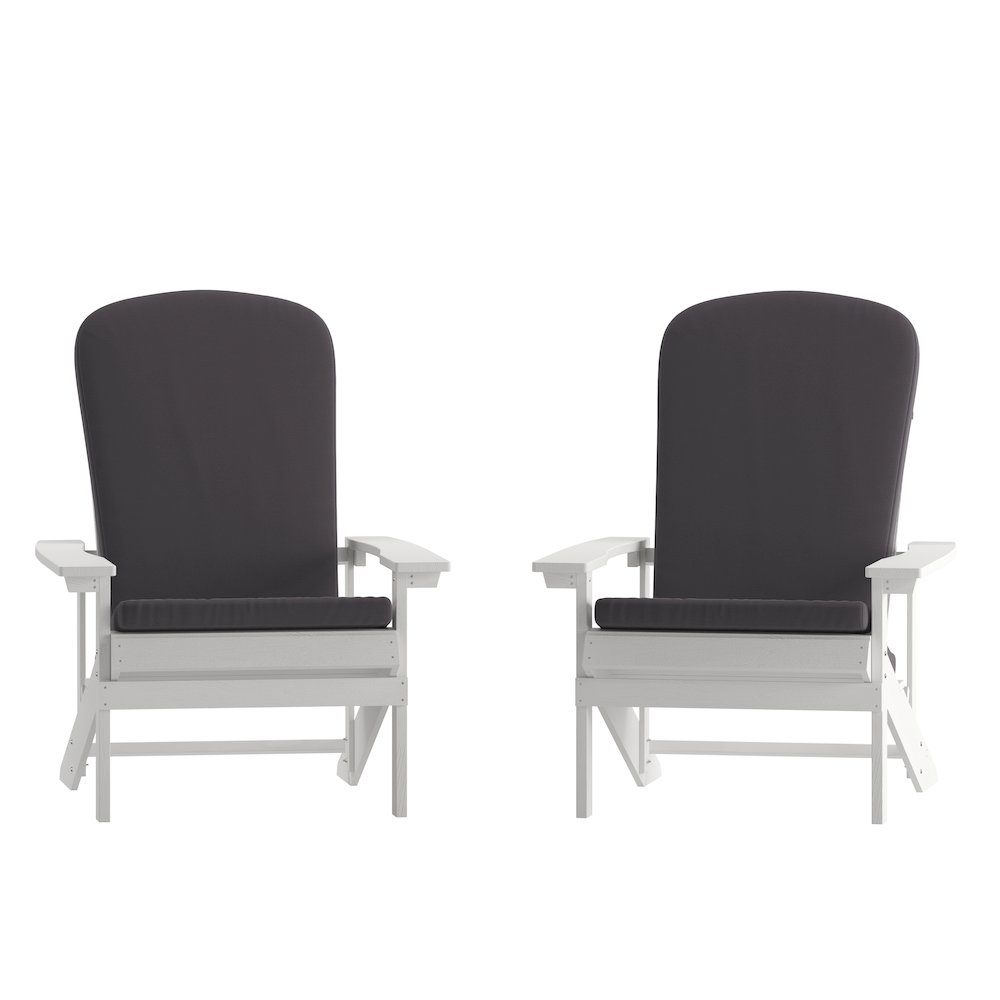 Set of 2 white Adirondack chairs with gray cushions, outdoor porch and patio furniture, by Start2Finish.
