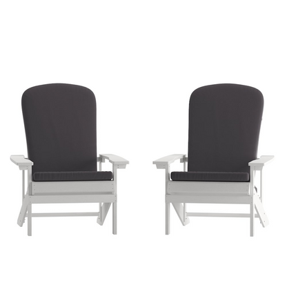 Set of 2 white Adirondack chairs with gray cushions, outdoor porch and patio furniture, by Start2Finish.