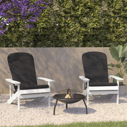 Pair of white Adirondack chairs with gray cushions on a porch, outdoor furniture by Start2Finish for patio relaxation.