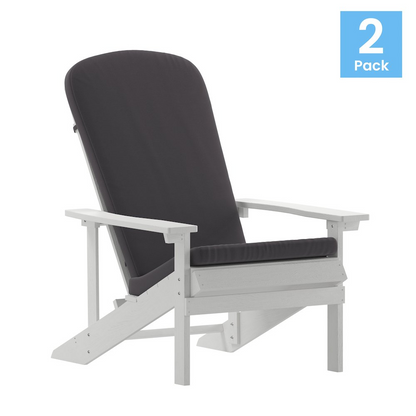 Set of 2 white Adirondack chairs with gray cushions, patio furniture for porch or outdoor seating, by Start2Finish