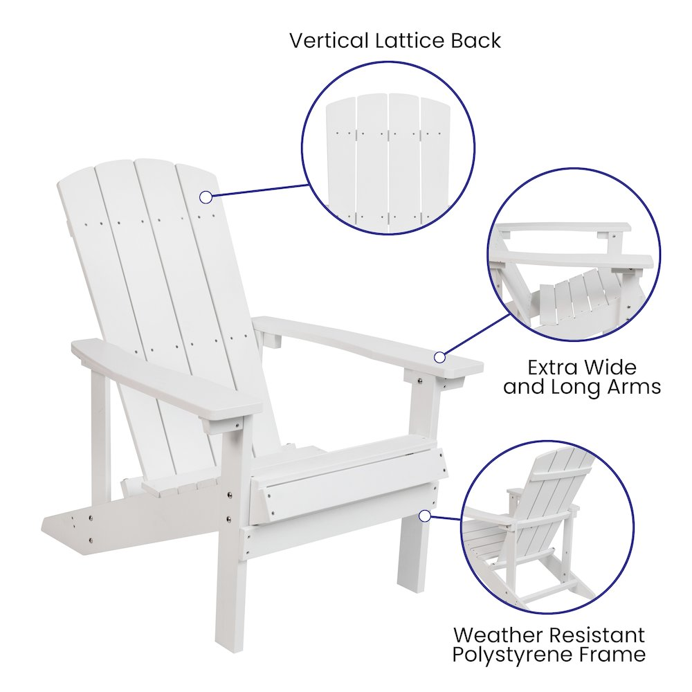 Set of 2 white Adirondack chairs with gray cushions, outdoor porch and patio furniture by Start2Finish.