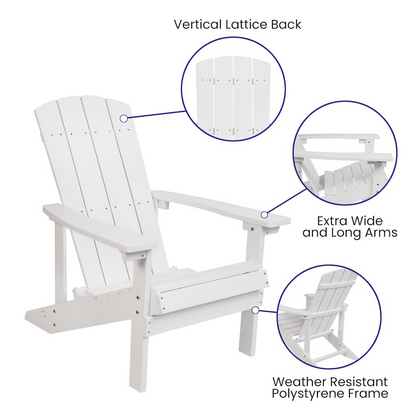 Set of 2 white Adirondack chairs with gray cushions, outdoor porch and patio furniture by Start2Finish.