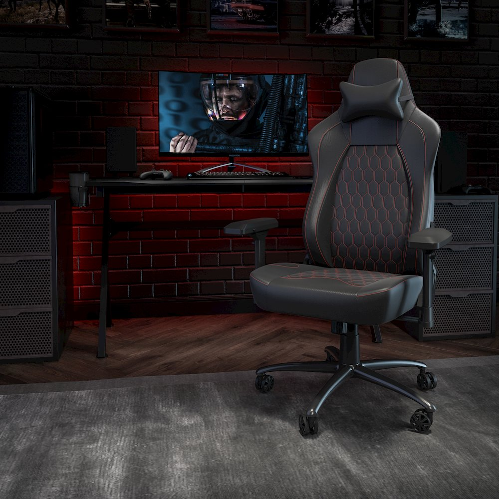 Black high back gaming chair with red stitching and 4D armrests, ergonomic furniture from Start2Finish.
