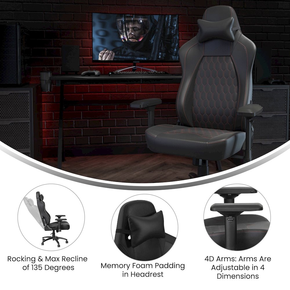 Black high back gaming chair with red stitching and 4D armrests, ergonomic furniture by Start2Finish