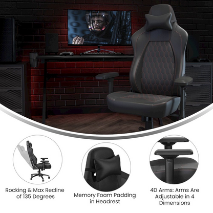 Black high back gaming chair with red stitching and 4D armrests, ergonomic furniture by Start2Finish