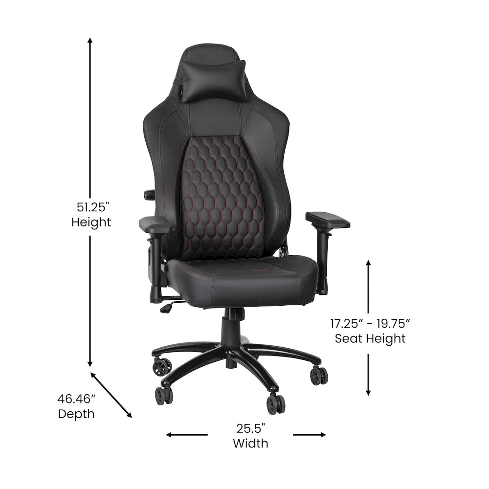 Black high back gaming chair with red stitching, 4D armrests, ergonomic design, and adjustable features from Start2Finish furniture