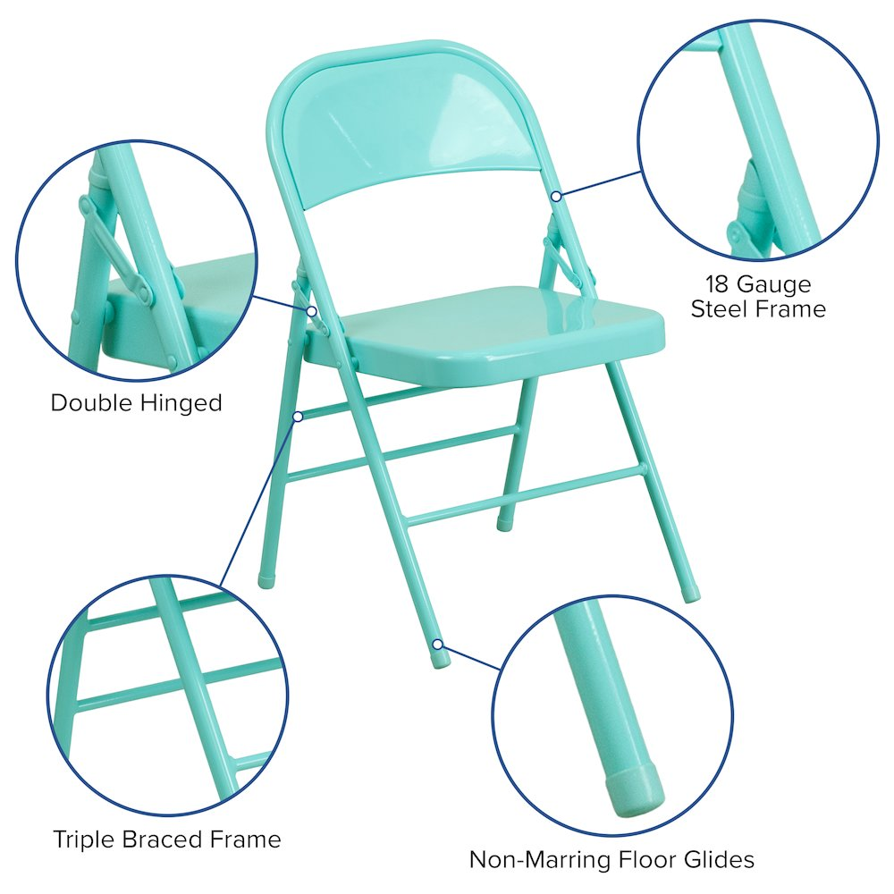 Set of 2 contemporary metal folding chairs by Start2Finish, suitable for commercial and residential use, shown folded and open.