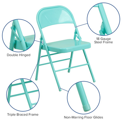 Set of 2 contemporary metal folding chairs by Start2Finish, suitable for commercial and residential use, shown folded and open.