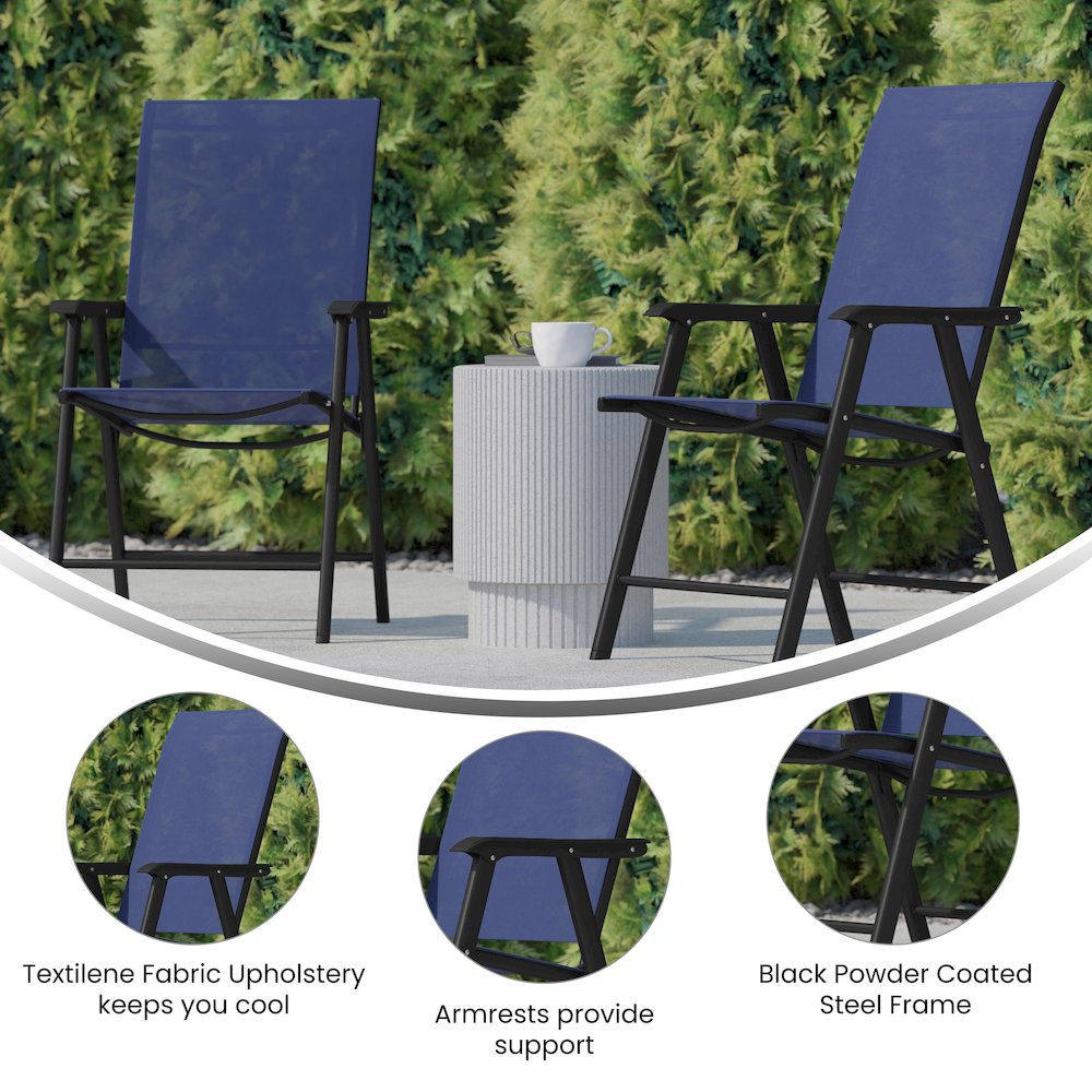 Set of 2 modern patio folding chairs from Start2Finish with metal frames and fabric seats, ideal for outdoor seating.