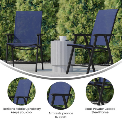 Set of 2 modern patio folding chairs from Start2Finish with metal frames and fabric seats, ideal for outdoor seating.