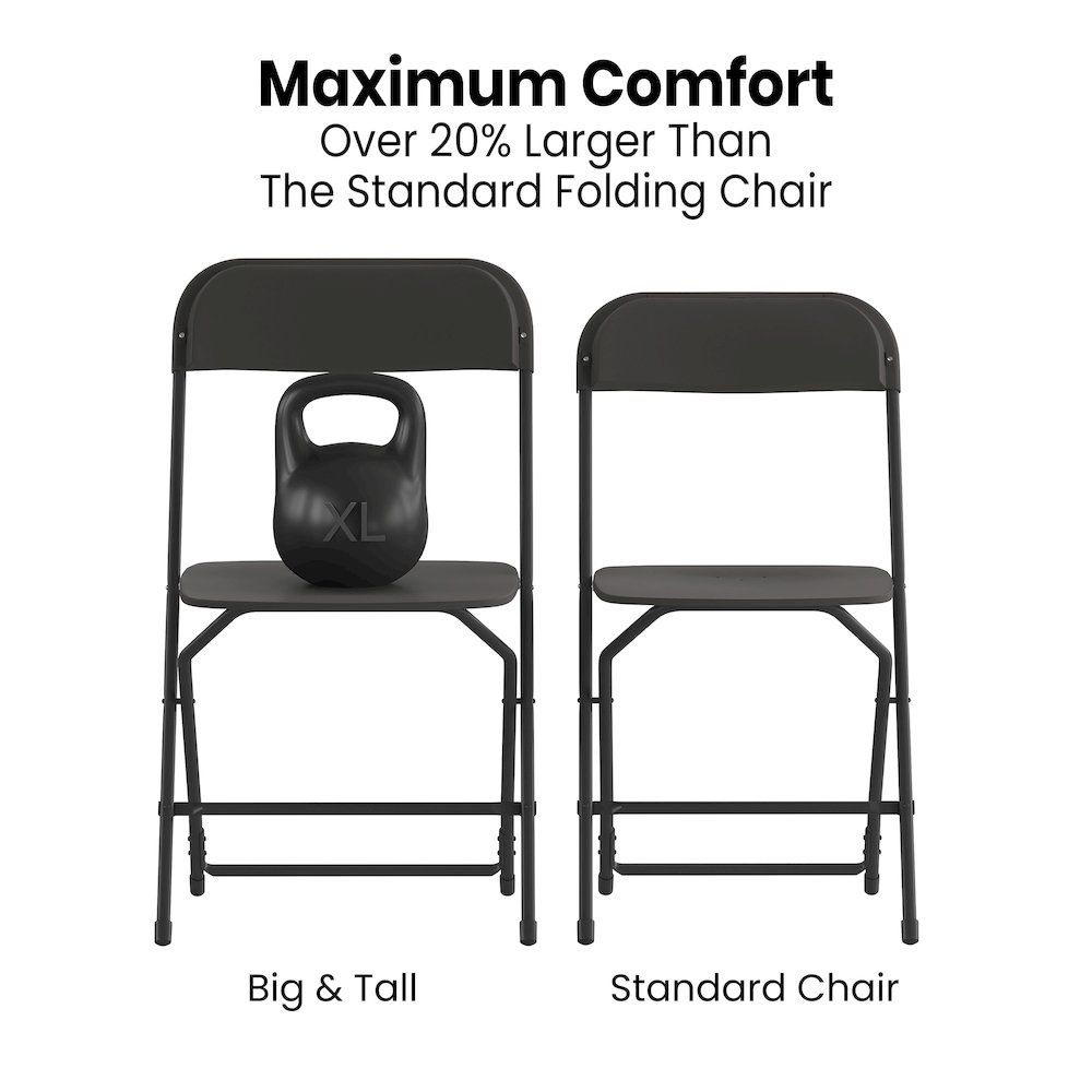 Set of four Start2Finish large plastic folding chairs in black, designed for commercial use, with sturdy frames and wide seats.