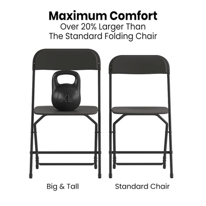 Set of four Start2Finish large plastic folding chairs in black, designed for commercial use, with sturdy frames and wide seats.
