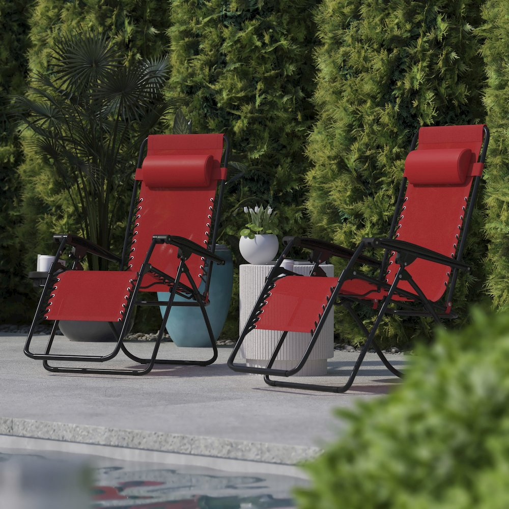 Set of 2 portable folding zero gravity lounge chairs by Start2Finish, featuring adjustable recline and breathable mesh fabric.