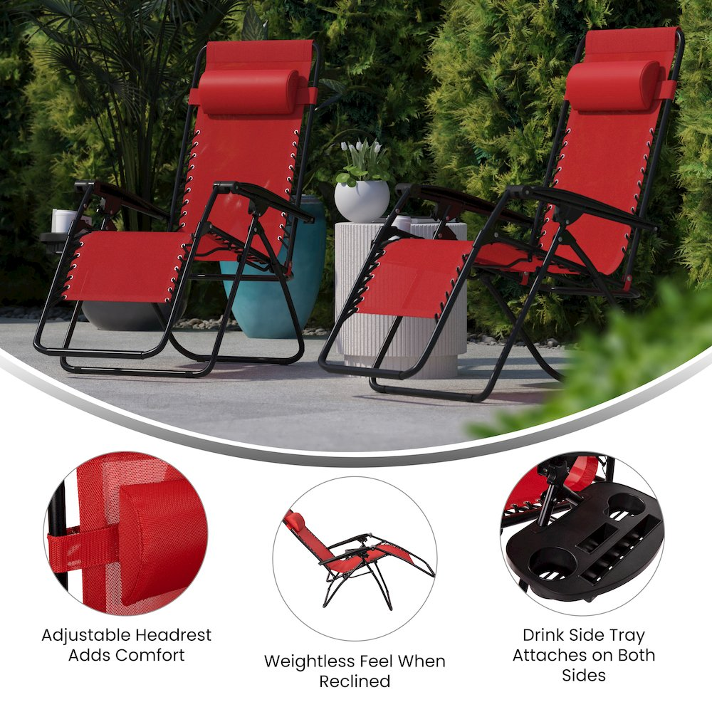 Set of 2 Start2Finish portable folding zero gravity lounge chairs outdoors with adjustable backs and padded armrests.