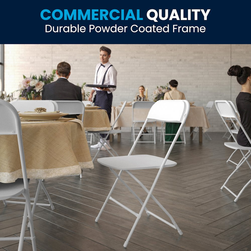 Set of four Start2Finish large plastic folding chairs, commercial-grade, versatile for big and tall seating, lightweight and sturdy.