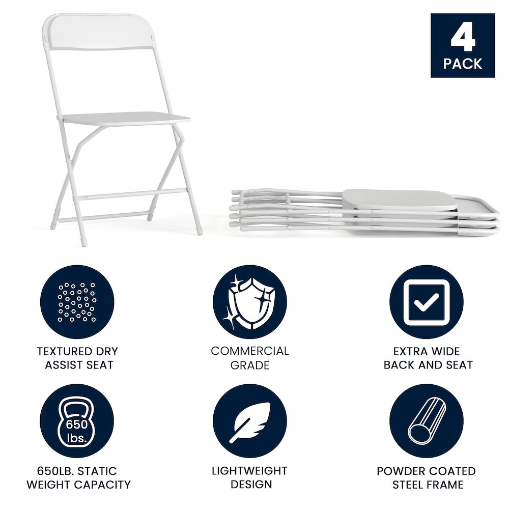 Set of four Start2Finish large plastic folding chairs, versatile commercial furniture for big and tall seating options.