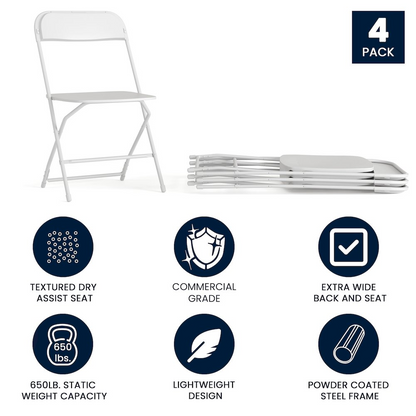 Set of four Start2Finish large plastic folding chairs, versatile commercial furniture for big and tall seating options.