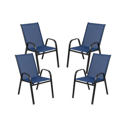 Set of 4 Start2Finish sling patio chairs with metal frames, suitable for restaurant and outdoor residential spaces.