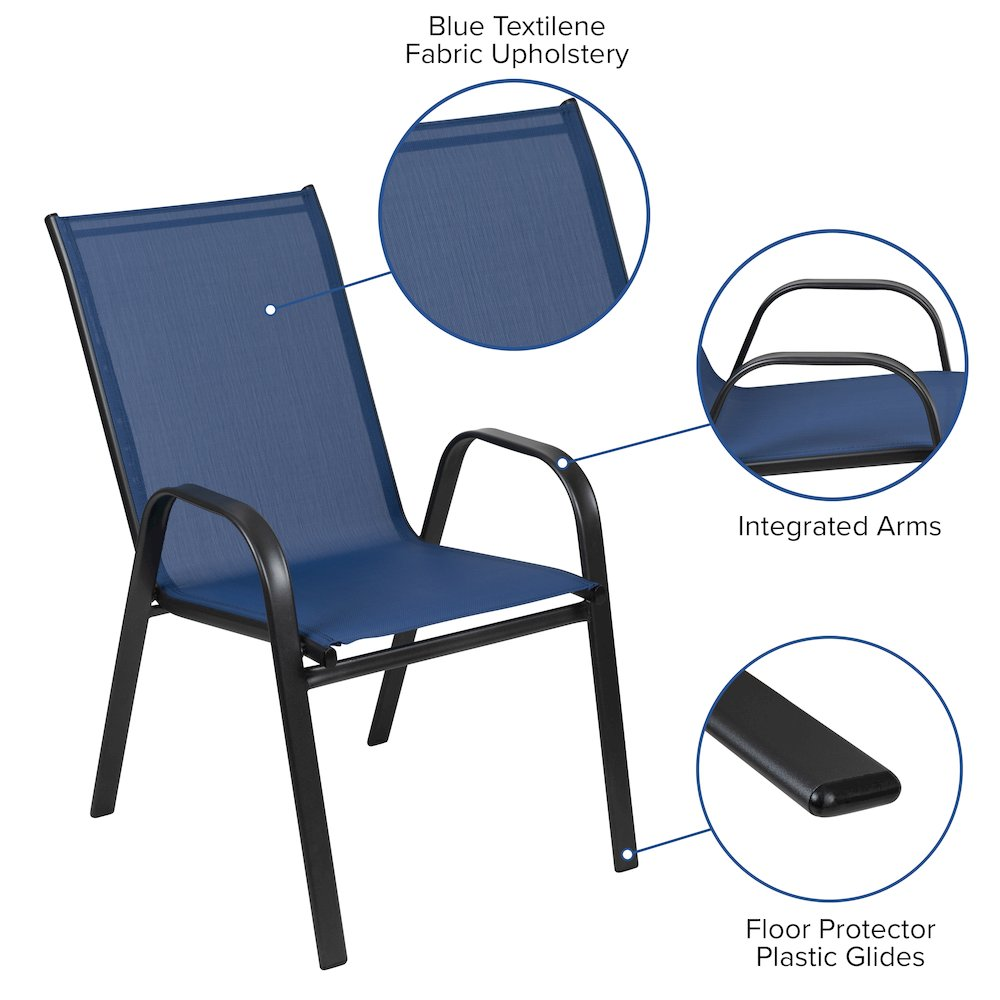 Set of 4 Start2Finish sling patio chairs for restaurant and outdoor residential spaces, featuring black frames and fabric seats.