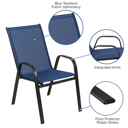 Set of 4 Start2Finish sling patio chairs for restaurant and outdoor residential spaces, featuring black frames and fabric seats.
