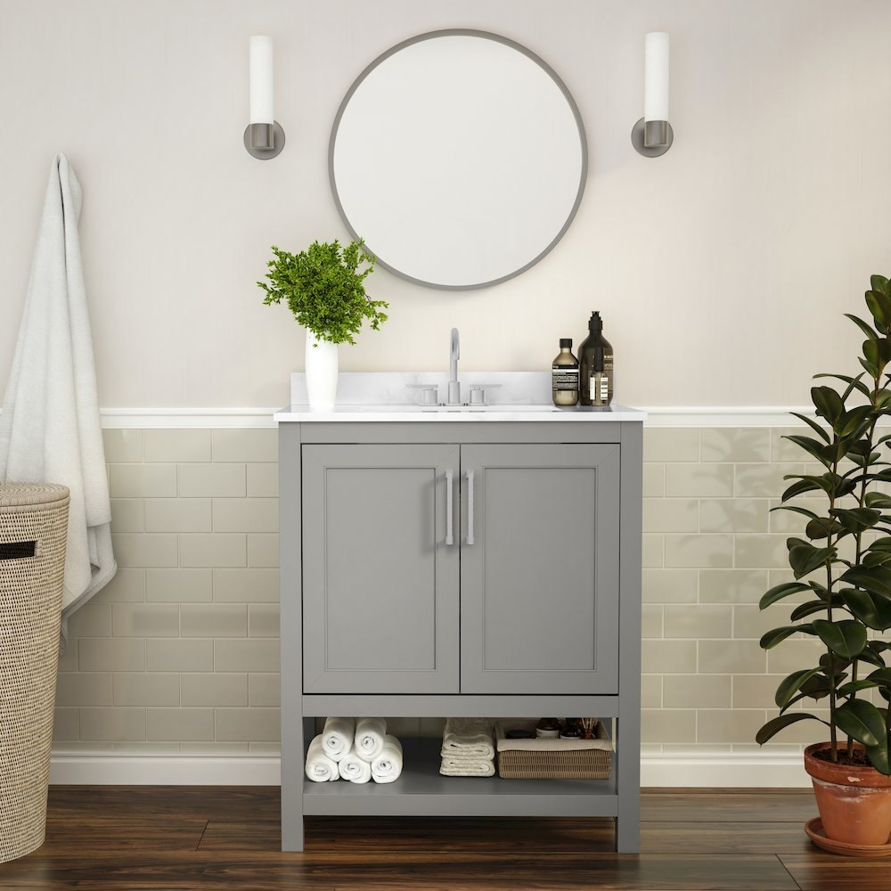 Contemporary 30-inch bathroom vanity with integrated sink, featuring sleek design and storage from Start2Finish.
