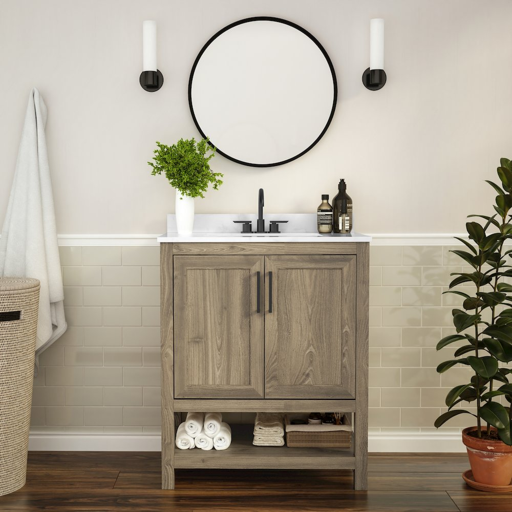 Contemporary 30-inch bathroom vanity with sink combo by Start2Finish, featuring sleek design and modern faucet.