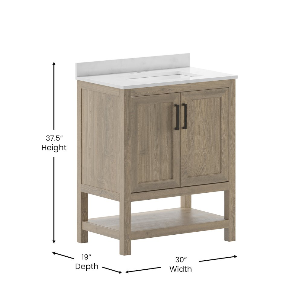 Contemporary 30-inch bathroom vanity with integrated sink from Start2Finish, featuring sleek wood finish and modern design elements.