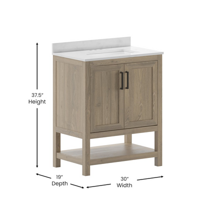 Contemporary 30-inch bathroom vanity with integrated sink from Start2Finish, featuring sleek wood finish and modern design elements.