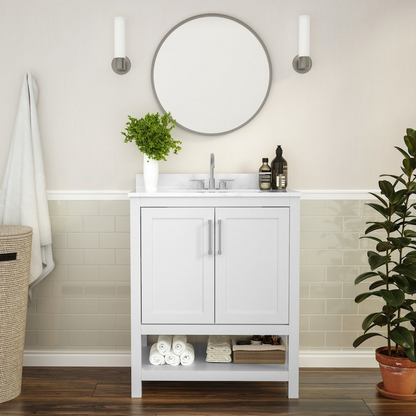 Modern 30-inch Start2Finish bathroom vanity with integrated sink, featuring sleek contemporary design and ample storage.