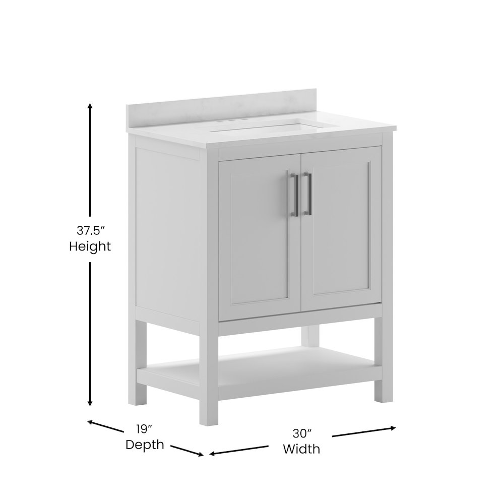 Modern 30-inch bathroom vanity with integrated sink, featuring sleek contemporary design and storage from Start2Finish.