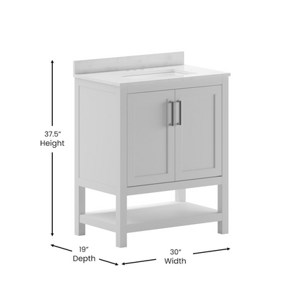 Modern 30-inch bathroom vanity with integrated sink, featuring sleek contemporary design and storage from Start2Finish.