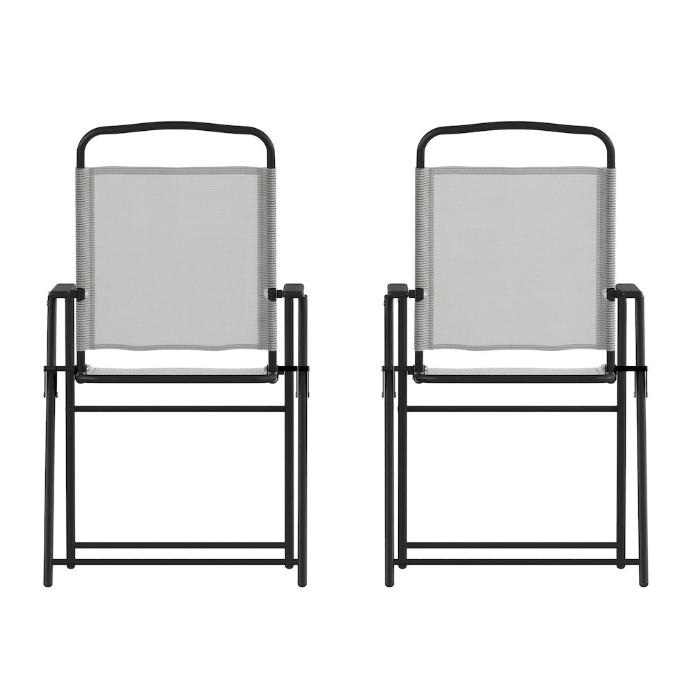 Set of 2 contemporary sling style patio chairs with armrests from Start2Finish, featuring modern design and comfortable seating.