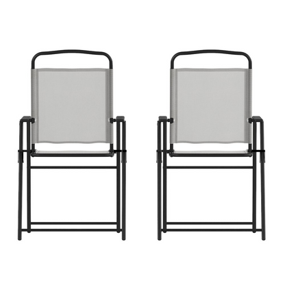 Set of 2 contemporary sling style patio chairs with armrests from Start2Finish, featuring modern design and comfortable seating.