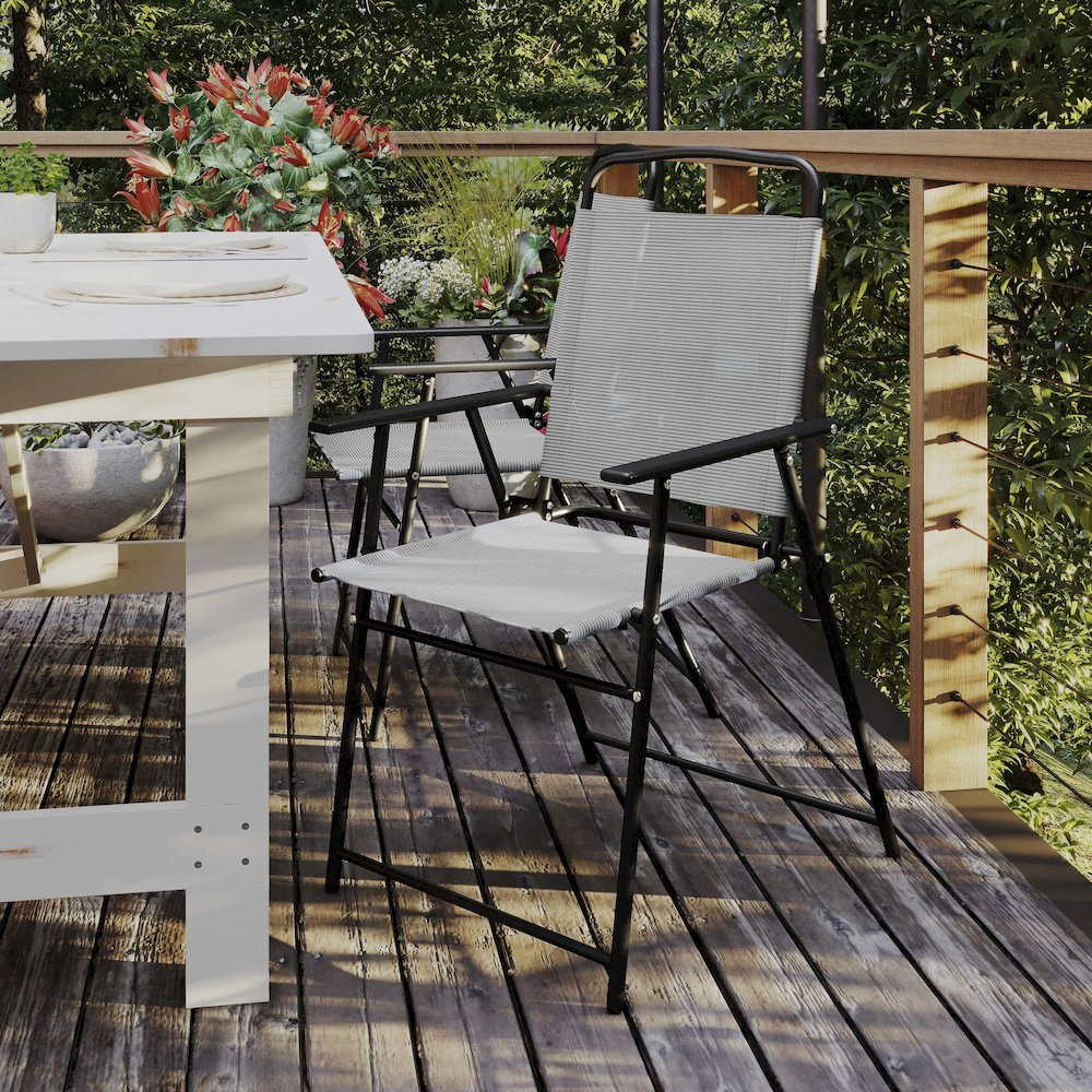 Set of 2 contemporary sling style patio chairs with armrests from Start2Finish, featuring sleek frames and comfortable seating.