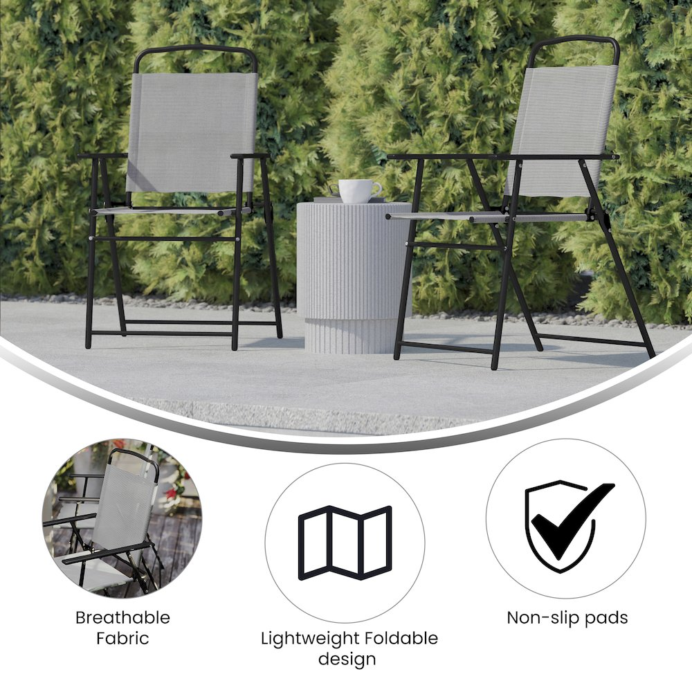 Set of 2 contemporary sling style patio chairs with armrests from Start2Finish, featuring sleek design and comfortable seating.