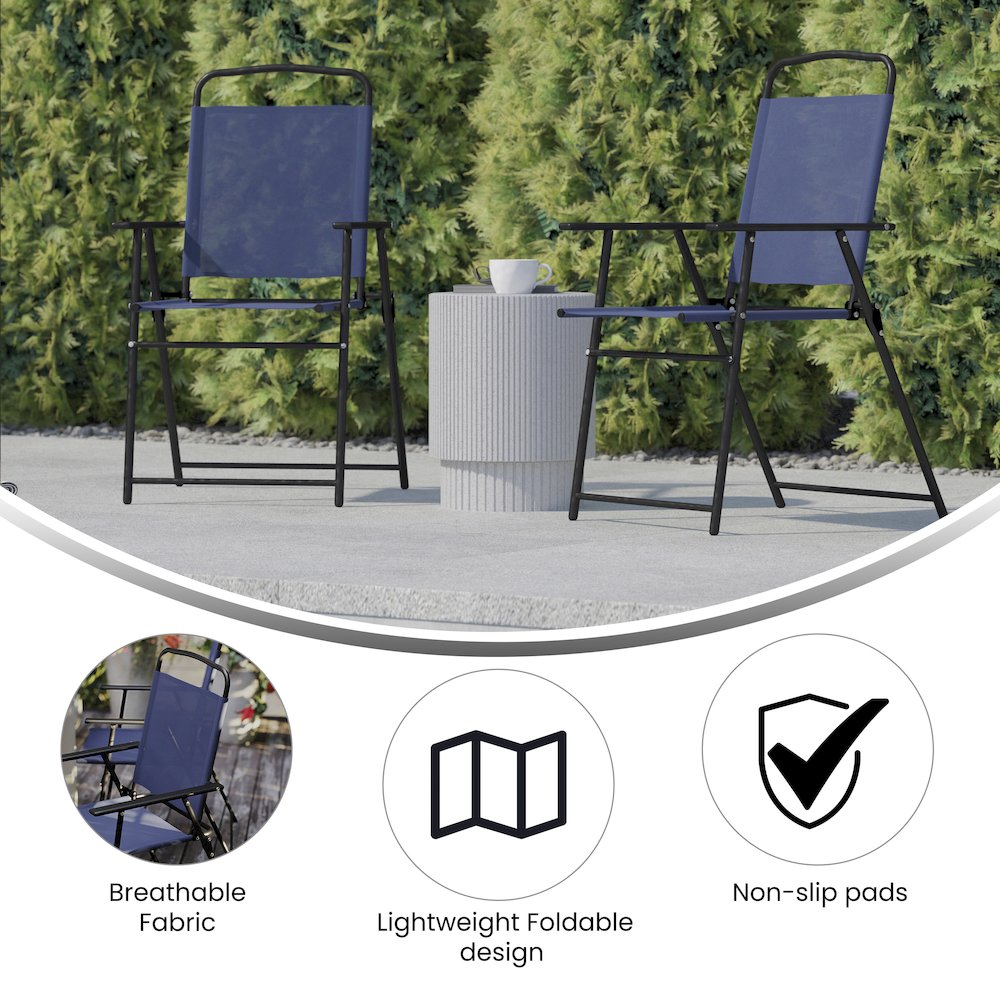 Set of 2 Start2Finish contemporary sling style patio chairs with armrests, shown in a modern outdoor furniture setting