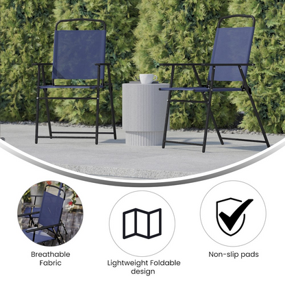 Set of 2 Start2Finish contemporary sling style patio chairs with armrests, shown in a modern outdoor furniture setting