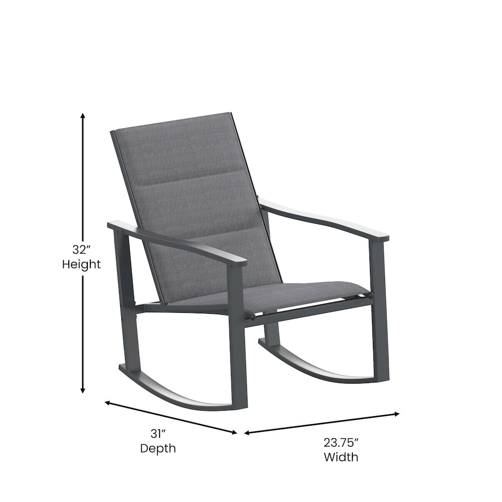 Start2Finish modern 3-piece outdoor rocking chair and table set with metal frames and wooden seats on a patio.