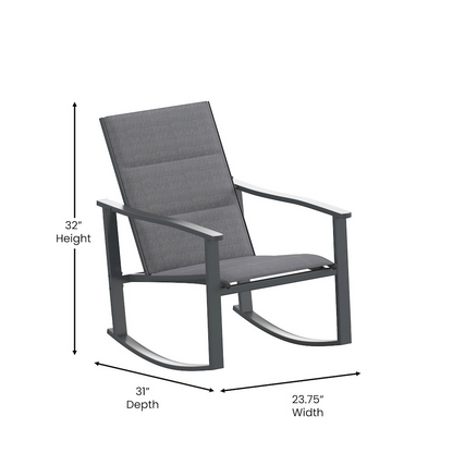 Start2Finish modern 3-piece outdoor rocking chair and table set with metal frames and wooden seats on a patio.