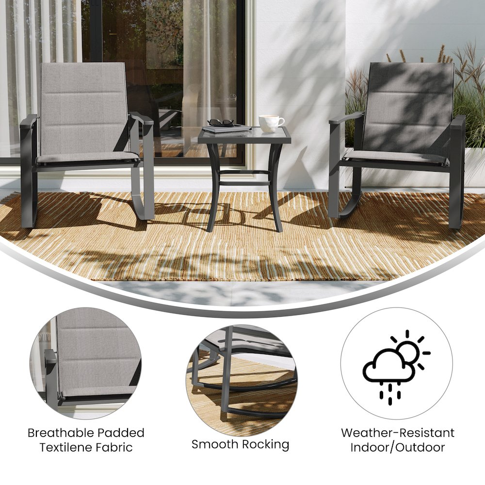 Modern 3-piece outdoor rocking chairs and table set by Start2Finish, featuring metal frames and wooden slats for patio relaxation.