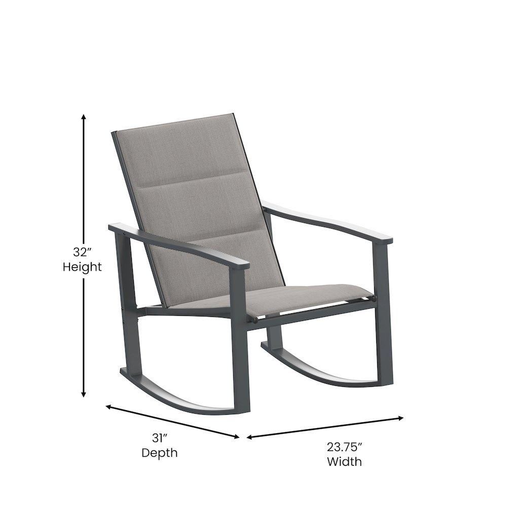 Three modern outdoor rocking chairs with a matching table from Start2Finish, set on a patio with lush greenery in the background.