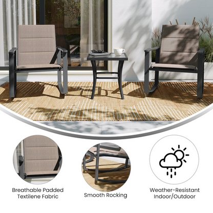 Modern 3-piece outdoor rocking chair and table set by Start2Finish, featuring sturdy wood frames and comfortable seating.