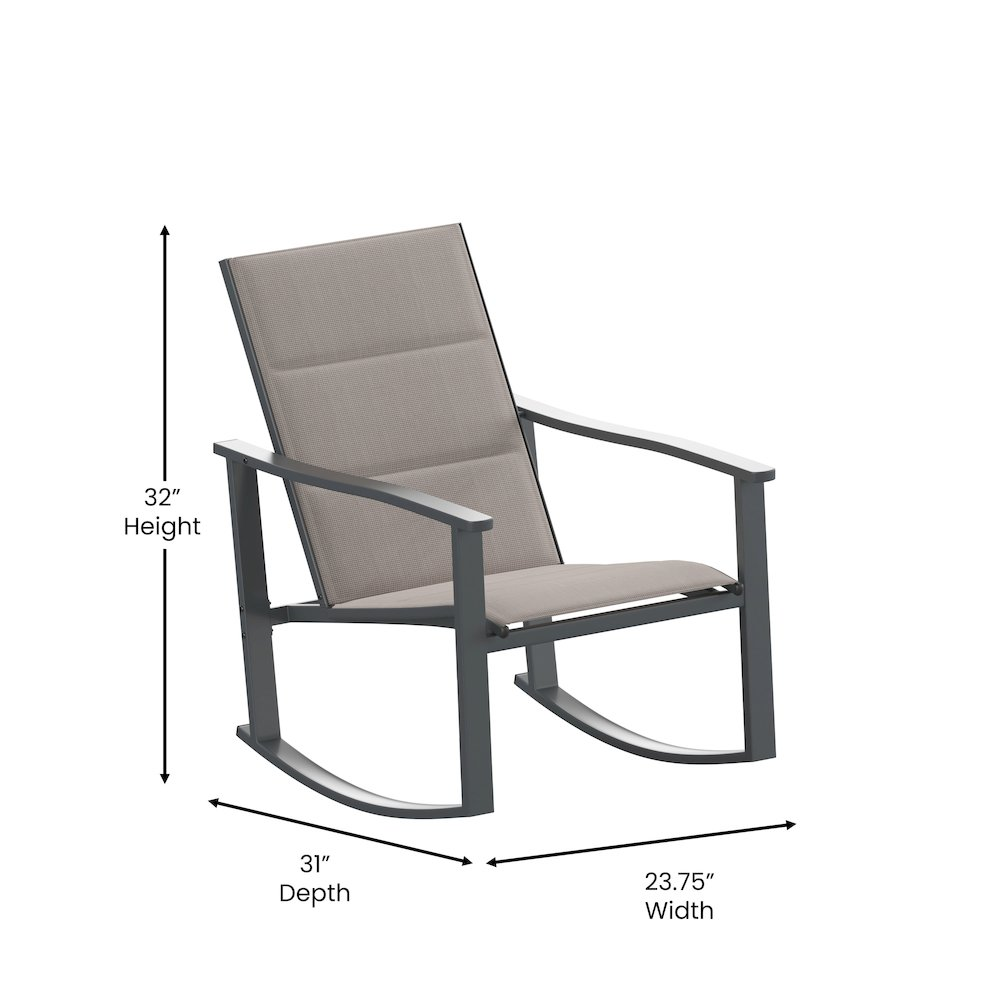 Modern 3-piece outdoor rocking chairs and table set by Start2Finish with wooden frames and cushioned seats on a patio.
