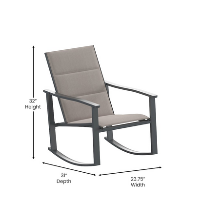Modern 3-piece outdoor rocking chairs and table set by Start2Finish with wooden frames and cushioned seats on a patio.