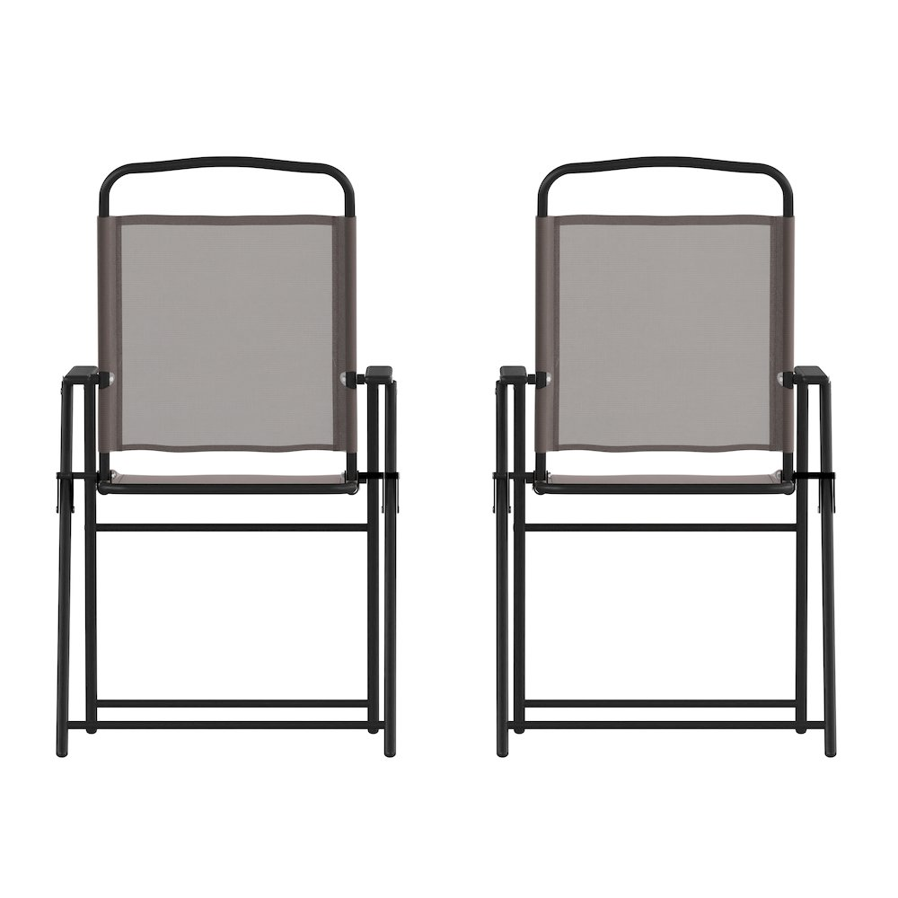 Set of 2 contemporary sling style patio chairs with armrests, featuring metal frames and woven fabric seats.