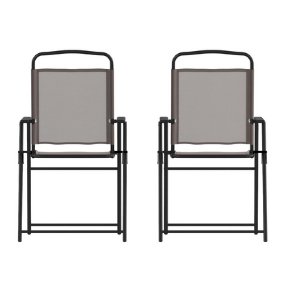 Set of 2 contemporary sling style patio chairs with armrests, featuring metal frames and woven fabric seats.