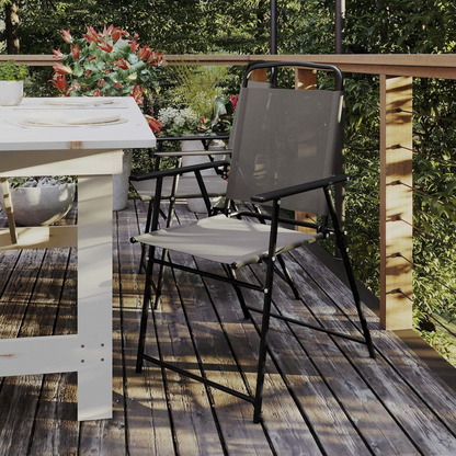 Set of 2 contemporary sling style patio chairs with armrests, featuring metal frames and fabric seating for outdoor furniture.