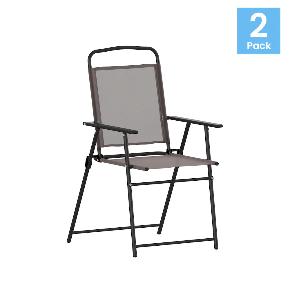 Set of 2 Start2Finish contemporary sling patio chairs with armrests, featuring sleek frames and fabric seats for outdoor relaxation.